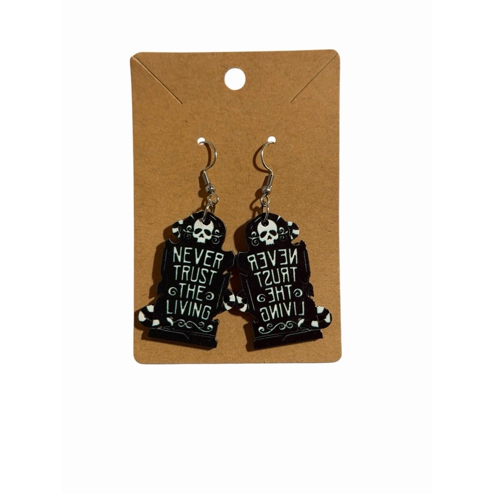 Never Trust The Living Tombstone Earrings Beetlejuice Goth Spooky Halloween Drop
